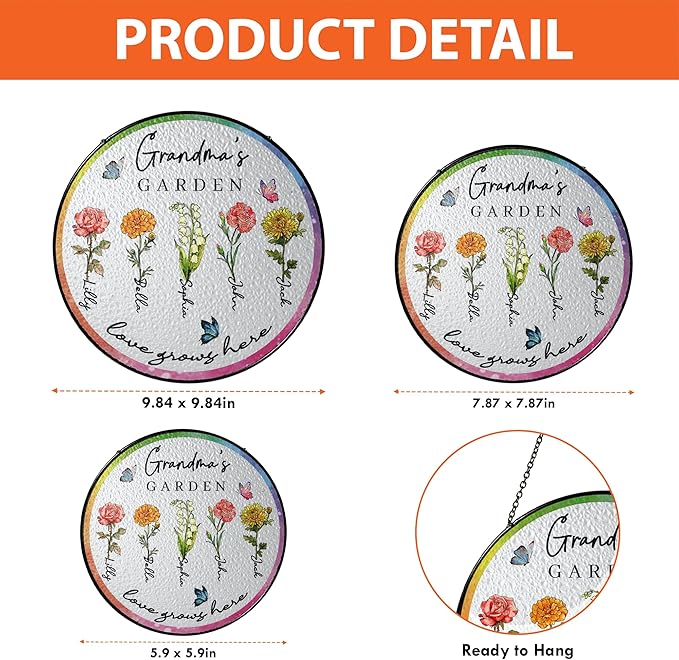 NAZENTI Custom Grandma's Garden Stained Glass Window Hanging, Gifts for Mother's Day, Grandma Gifts from Grandkids, Personalized Grandma Flower Garden Grandkids Names Sign