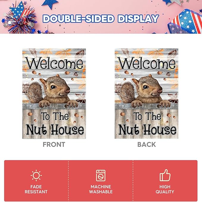 Welcome to the Nut House House Flag 28x40 Inch Double-Sided Outdoor Squirrel Decorations for Home Porch & Yard Outdoor Decoration