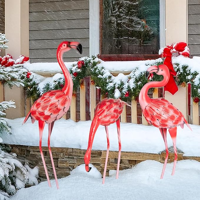3 Pcs Pink Flamingo Garden Statues, Metal Flamingo Birds Yard Art Outdoor Statue for Home Patio Lawn Balcony Backyard Decor