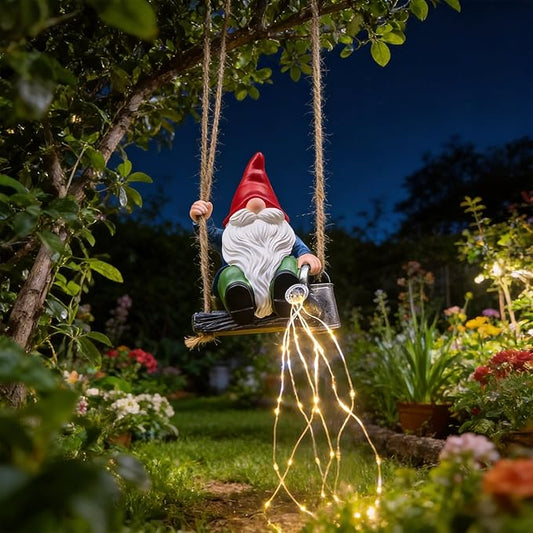 Hanging Garden Gnomes Statues Solar Watering Can Fairy Lights, 6.7''H Swings Gnome Cascading LED Decor for Yard Balcony Backyard Tree Outside, Housewarming Birthday Gifts for Woman Mom Grandma