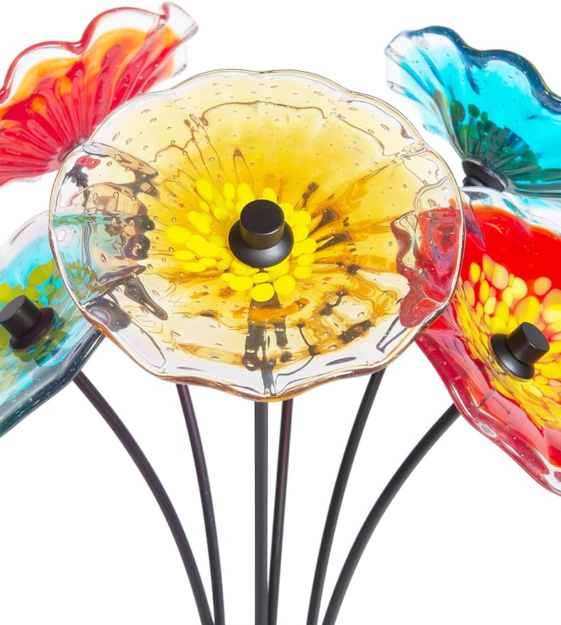 Dale Tiffany AS23099 Fiore Bloom Hand Blown Glass Flower Art Glass Sculpture with Metal Stand for Indoor Garden Patio Decoration, Multi Color, 6-Plate 26" Tall