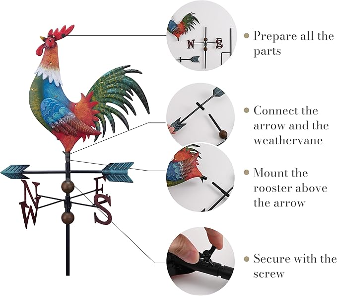 TERESA'S COLLECTIONS Garden Decor with Solar Outdoor Lights, Red Rooster Yard Art Sign for Outside, 39.4'' Metal Weathervane Decorative Garden Stake for Outdoor Decor Lawn, Gifts for Mom
