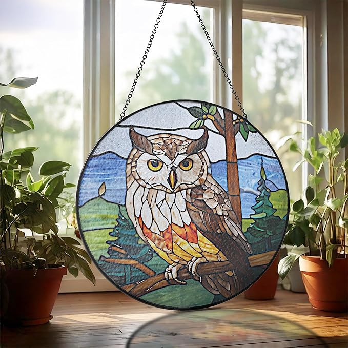 6" Owl Stained Glass Suncatchers Art Glass Owls for Sun Catcher Indoor Window Gifts for Pet Animal Nature Floral Lovers Women Grandma Mom Friend Painted Panel Décor BIRD-07B-SG6