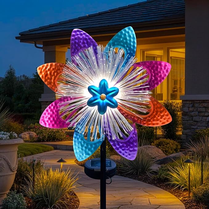Solar Wind Spinners Outdoor, Metal Wind Sculptures & Kinetic Spinners with Optical Fiber, Garden Spinner Windmills for Yard Decor, Patio Backyard Lawn Decorations, Gifts for Family Friends