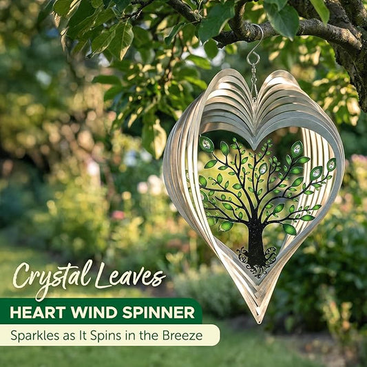 ISEO Silver Heart Wind Spinner for Yard and Garden with Crystals, Hanging Outdoor Decor, Yard Art, Porch and Patio Decorations, Metal Wind Spinners Outdoor, Weather Resistant, 12”
