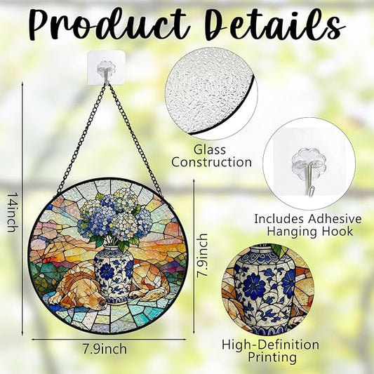 Chinoiserie Hydrangea Golden Retriever Stained Glass Window Hanging, Sleep Dog Flower Suncatcher Indoor Window Glass Round Wall Art Decor, 7.9x7.9 Inch