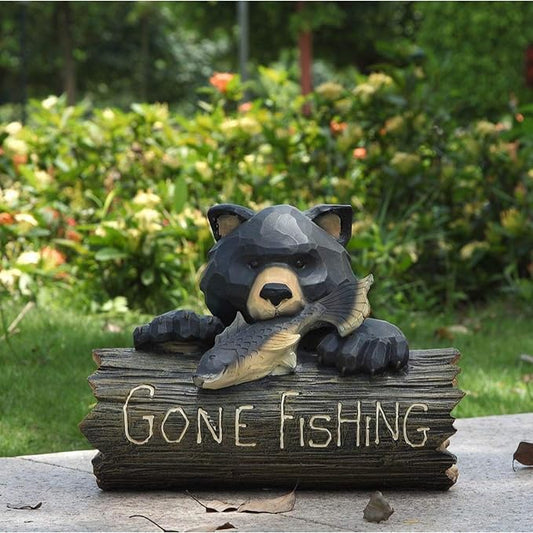 HI-LINE Bear with Gone Fishing Sign Outdoor Garden Statue - 12.25" - Black