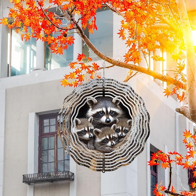 10 Inch Raccoon Wind Spinner, 3D Metal Hanging Kinetic Wind Rustproof Sculpture Gift for Garden Yard Art Balcony Window Porch Outdoor Decor, Women Mom Mothers Day