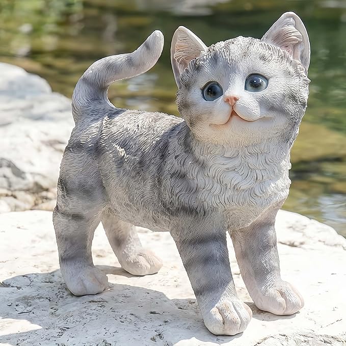 Real Grey Tabby Garden Statue - Resin Realistic Cat Sculpture, Pet Loss Memorial Stone, for Cat Lovers, Indoor/Outdoor Decor, Animal Figurine for Yard Ornaments
