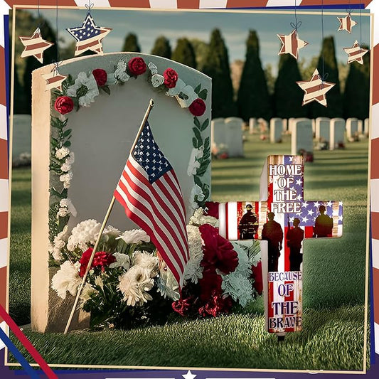 DoubleFill Memorial Day Cross Garden Stake Patriotic Solar Lighted Home of Free Memorial Solar Outdoor Yard Decorations Light up Night Cross Stake Decor for 4th of July Independence Day