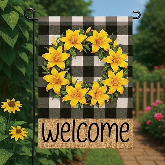 Buffalo Plaid Welcome Wreath Garden Flag Lily Flower Flag 12x 18 Inch Double Sided Spring Outdoor Fall Autumn Farmhouse Outdoor Small Decor for Porch Lawn Patio Yard