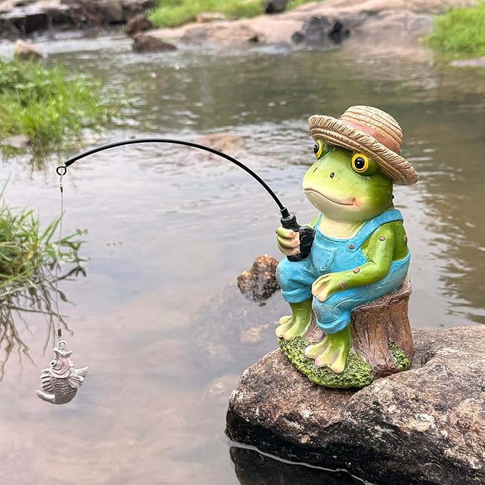 Teaeeno Funny Frog Statue Garden Statue,Frog Fisher for Garden Pond Decor,Pond Accessories Decor,Poolside Statues,Perfect for Garden Pond,Lakefront,Forg Decor Outdoor(Green)