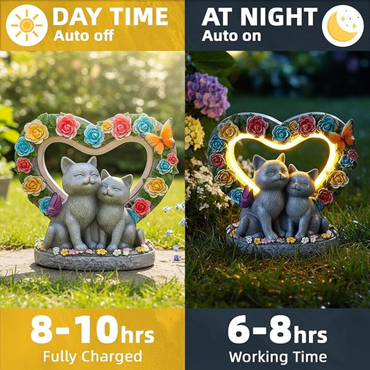 Gifts for People Who Love Cats, Cat Garden Decor with Heart-Shaped, Couple Cat Figurine for Valentines Day, Anniversary Housewarming Christmas Birthdays Gifts for Lover Wife Women Mom Friends