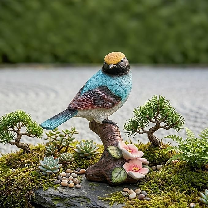 Garden Bird Statue for Outdoor Decor, Blue Bird Figurine Perched on Branch with Pink Flowers for Backyard Yard Patio, Bird Decorations for Home Shelf, Mother's Day Birthday Gifts