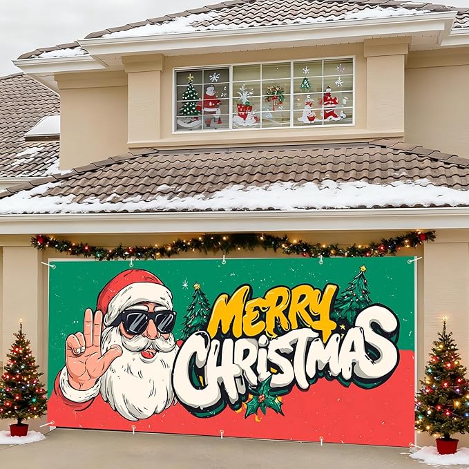 7 x 16 ft Christmas Garage Door Decorations Merry Christmas decorations Xmas Garage Door Cover, Happy New Year Hanging Banner for Home,Outdoor,Indoor,Party
