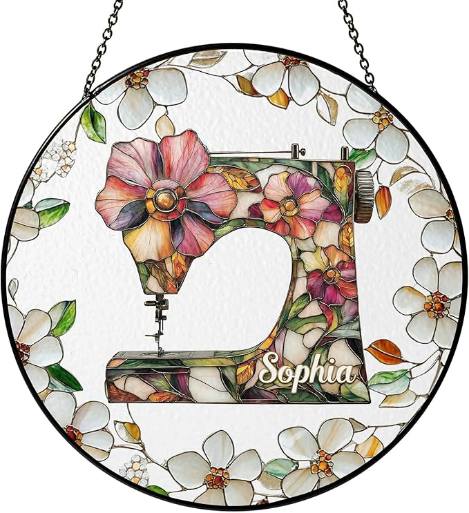 Sewing Machine Stained Glass Suncatcher Window Hanging, Gift for Sewing Lovers Tailor Shop Decor Sew Room Decorations, Quilting Sign Quilter & Sewer Gifts for Women Mom Grandma Sister