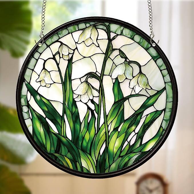 CREATCABIN Lily of The Valley Suncatcher Round Sun Catchers Stained Acrylic Flower Floral Window Wall Art Hanging Decoration with Metal Ball Chain for Living Room Bedroom Home Garden Ornament 9.8 Inch
