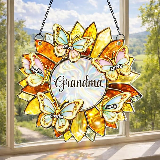 Personalized Grandma Stained Glass Suncatcher, Custom Butterfly Sunflower Window Hanging with Kids Names, Decorative Hanging Ornament for Window Home Decor, Gift for Mother’s Day
