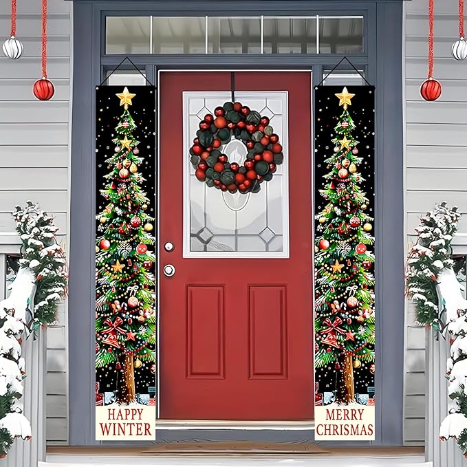 BlissYard Xmas Tree Banner Happy Winter Christmas Door Banner Holiday Wall Hanging Decoration with Red Green Gold Ornament Design Vertical Door Entryway Banner for Indoor Outdoor Seasonal Home Decor