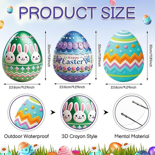 DoubleFill 3 Pcs Easter Decorations Outdoor 3D Metal Easter Eggs Yard Signs Decorative Garden Stakes Eggs Bunny Lawn Decorations Yard Decor for Spring Ornament Lawn Pathway Garden(Classic Style)