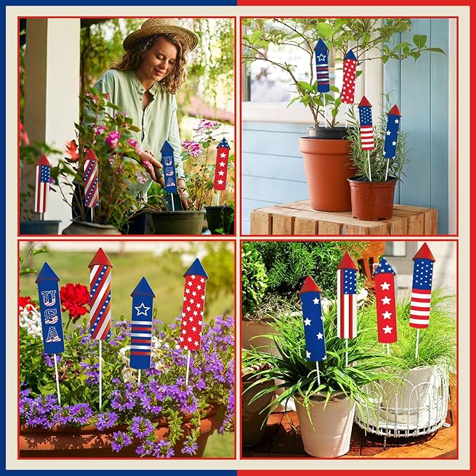 CroBlissful 8 Pcs 4th of July 250th Garden Stake Metal USA Flag Yard Sign Patriotic Decor for Independence Day Memorial Day Metal Plant Stick Outdoor Lawn Garden Home Yard Decorations(Rockets)