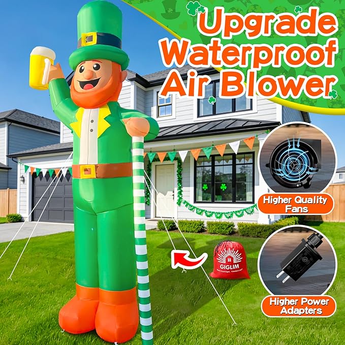 12Ft Giant St. Patrick's Day Blow Up Inflatable Leprechaun Takes a Beer St Patricks Day Inflatable Yard Decorations St Patricks Blow Up Inflatable for Outdoor Garden Lawn Party(with Drawstring Bag)