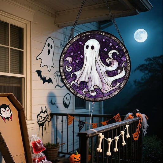 DASTOLL Stained Glass Window Hanging - Halloween Decorations White Ghost Purple Stars Suncatcher for Doors Garden Spooky Funny Sun Catchers Gothic Decor Horror Gifts for Women Men Friend 9.8 in