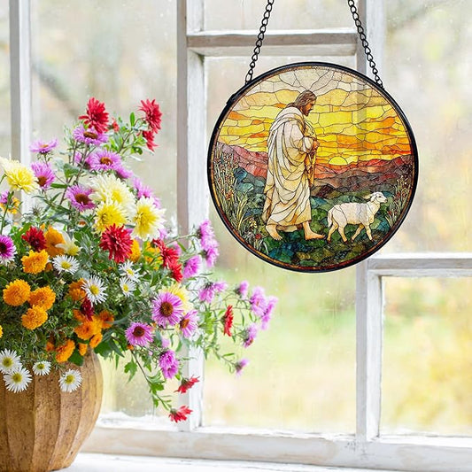 Christian Gifts for Women, Easter Jesus and Lamb Christian Suncatchers Stained Glass Window Hanging, Jesus Religious Sun Catchers Indoor Window Glass Round Wall Decor, 7.9x7.9in