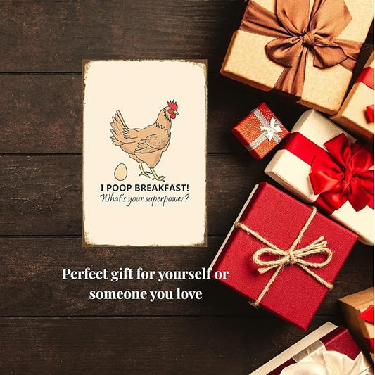 Funny Chicken Sign, Metal Chicken Coop Tin Signs, I poop breakfast, Yard Sign Garage Farm Garden Wall Decor Sign Plaque Outdoor for Home Fence 8 X 12 Inches