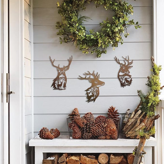 J-Fly Deer Metal Wall Art 9 Inch Deer Silhouette Wall Decor Rustic Forest Hunting Sign Woodland Valentine Decor for Fence Patio Porch Farmhouse Indoor for Living Room Bedroom Bathroom 3 Piece Set