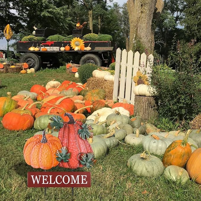 YEAHOME Fall Decorations for Home Outdoor, 22" Decorative Garden Stakes with 2 Pack Pumpkin Welcome Sign Fall Decor, Metal Yard Sign for Outside Garden Yard Lawn Patio Backyard Porch Decorations