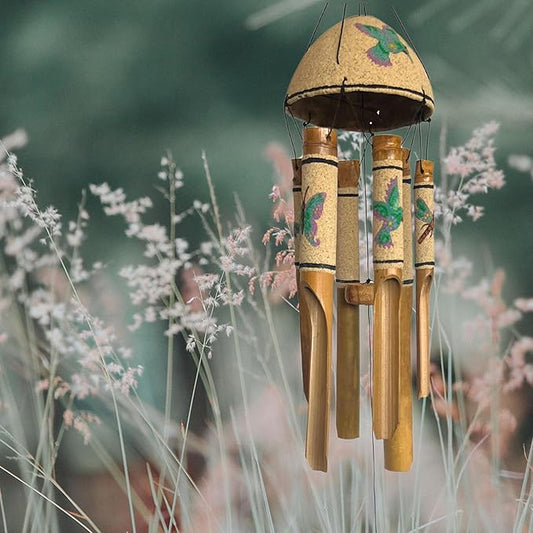 Bellaa 20346 Bamboo Wind Chimes Sea Sand Art Painting Hummingbird Butterfly Dragonfly Handmade Windchimes Outdoor Garden Patio Gifts 32 Inch (Green Sand)