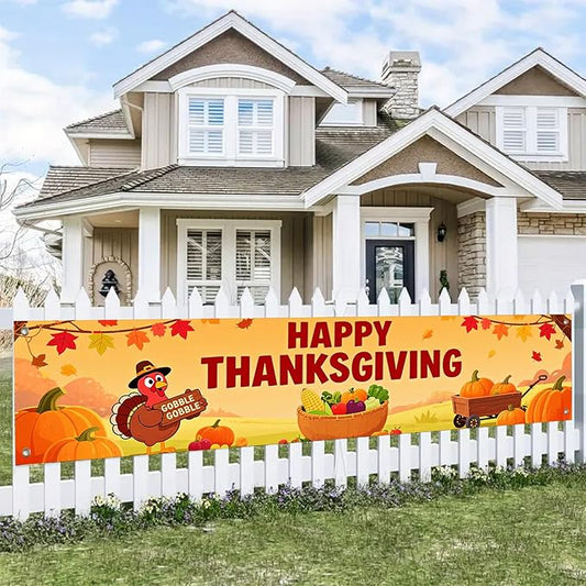 BlissYard Happy Thanksgiving Banner Autumn Pumpkin Outdoor Decoration Thanksgiving Turkey Yard Lawn Porch Hanging Decor 118 x 20 inchs Happy Fall Garden Fence Banner
