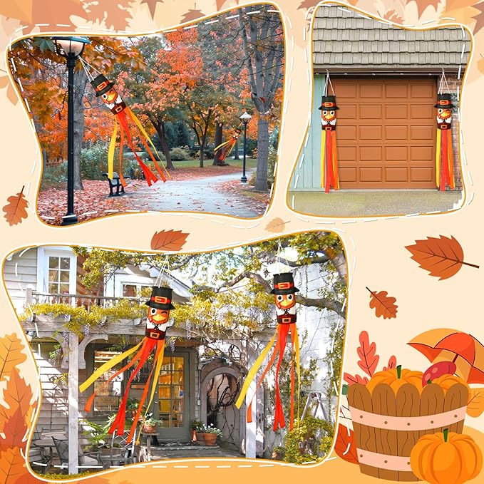 NOVWANG 2 Pcs 40 Inch Turkey Windsocks, Fall Turkey Wind Sock Thanksgiving Outdoor Hanging Flag Autumn Outside Decorations for Garden Lawn Yard Balcony Patio Decor
