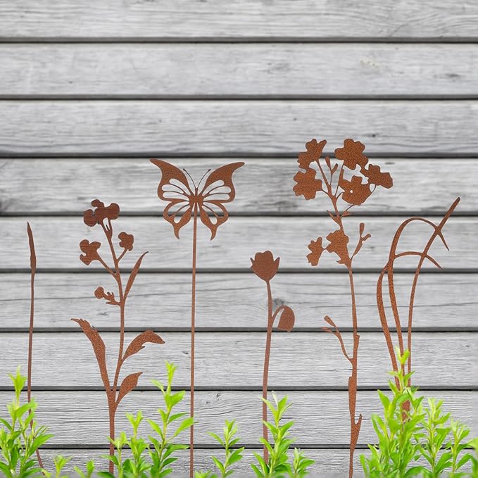 LEIFIDE 10 Pcs Metal Flowers Garden Stakes Rustic Bouquet Decoration for Pot Outdoor Metal Decor with Grass Flowers and Butterfly Iron Floral Plant Stakes for Yard Lawn Patio Porch Walkway