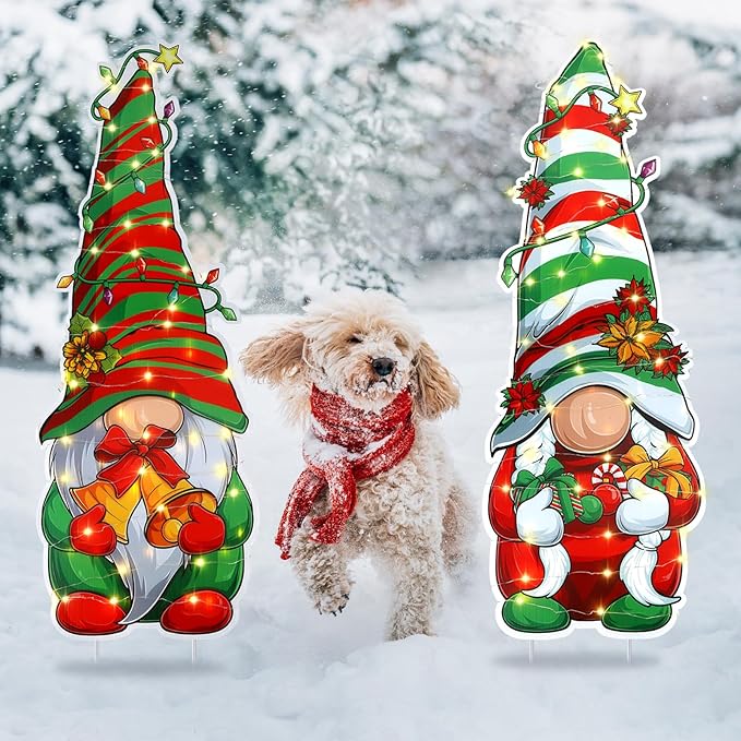 2 Pcs 32 Inch Christmas Decorations Outdoor Lighted Gnomes Decorative Garden Stakes Winter Large Christmas Yard Signs Outside Garden Yard Lawn Porch Holiday Party