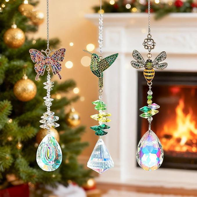 H&D HYALINE & DORA 3Pcs Crystal Suncatcher for Windows Hanging Prism Rhinestones Sun Catcher with Chain and Hook Rainbow Maker for Ceiling Garden Home Indoor Decor