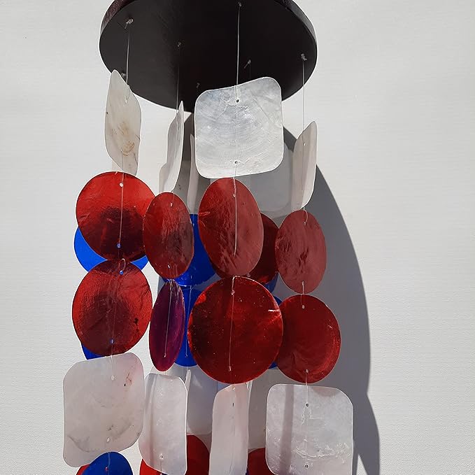 Beautiful and Unique Capiz Shell Wind Chime - Wind Chimes for Outdoors - Colorful and Whimsical Patio Decor - Ocean Decor - Garden Gifts (Red, White and Blue - Patriotic)
