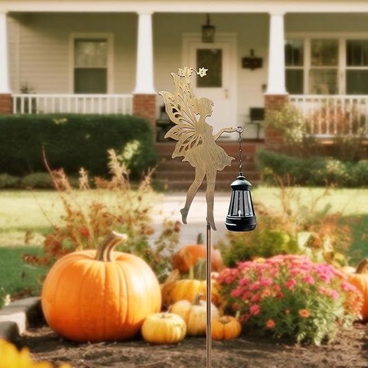 Solar Fairy Garden Decor, Outdoor Metal Fairy Statues with Stakes, Waterproof Garden Ornament for Patio, Lawn, Yard, Housewarming Gift for Gardening Mom & Grandma