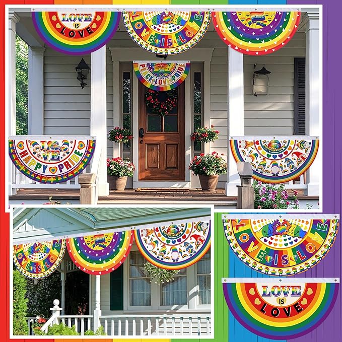 6 Pcs Gay Pride Bunting Fan Flag Lgbt Rainbow Bunting Flag Happy Gay Day Garden Half Fan Banner Decoration Holiday Indoor Outdoor Yard Decor, 1.5 x 3 ft