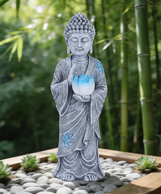 Nacome Solar Buddha Garden Statue Decor: Resin Zen Decor Waterproof Sitting Figurine with Lotus Flower Light Design for Outside Patio Lawn Yard Balcony - 11 inches(Gray)