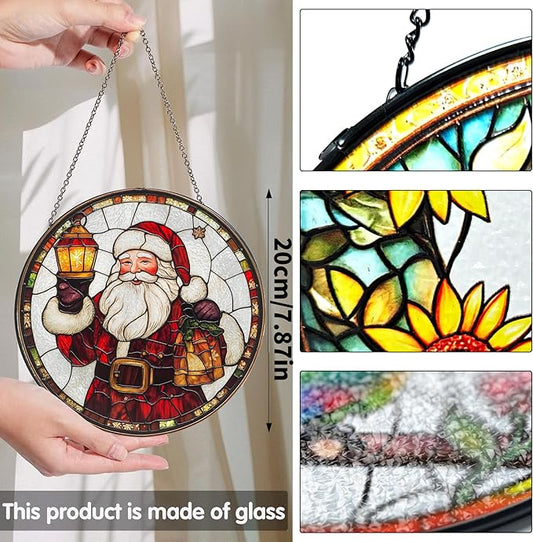 Bimkole Santa Claus Stained Glass Suncatcher Window Hanging - Christmas Indoor Window or Doorway Decoration - Handmade Sun Catcher Decor for Garden Home Christmas & Birthday Gifts 7.87x7.87 inch