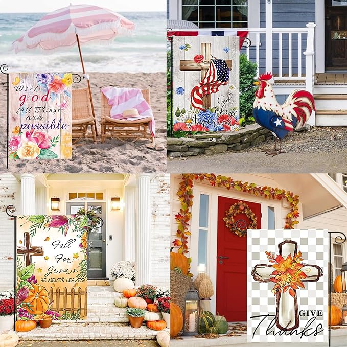 Christian Seasonal Garden Flags Set of 12 Double Sided 12 x 18 Inch Cross Yard Flags, Small Flags for Outside, Fall Winter Easter Christmas Outdoor Flags, Holiday Garden Flags for All Seasons 