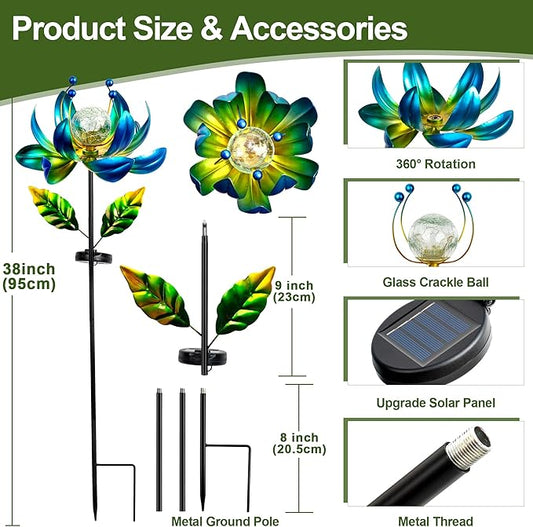 Solar Wind Spinner Outdoor Metal - Kinetic Lotus Flower Garden Sculptures & Spinners with Crackle Glass Lighting, 360° Spinning Yard Art Decor for Patio, Lawn, Pathway, Gifts for Women