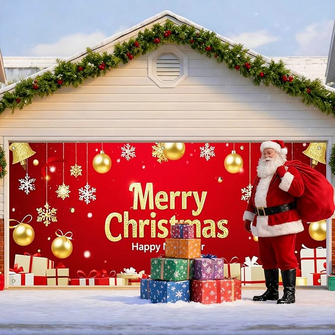 IVN Christmas Garage Door Cover Decoration 13x6ft Red and Gold Ornaments Snowflakes and Gift Boxes Merry Christmas Winter Garage Door Banner Home Door Front Yard Decor for Xmas Eve Holiday Outdoor