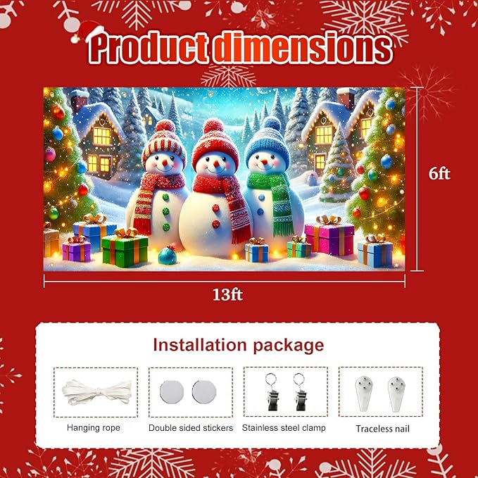 HOMETITUTE Christmas Garage Door Banner 13x6ft Snowman Winter Village Scene Holiday Backdrop Gift Box Snow Night Indoor Outdoor Wall Hanging Seasonal Party Decoration Festive Entry Porch