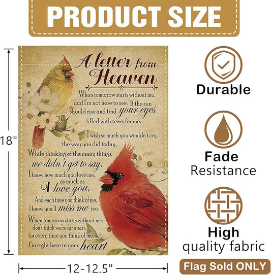 Dyrenson Memorial Cardinal A Letter From Heaven Decorative Garden Flag, Vintage Red Birds Cemetery Yard Outside Home Decoration, Retro Dogwood Flower Burlap Outdoor Small Decor Double Sided 12 x 18