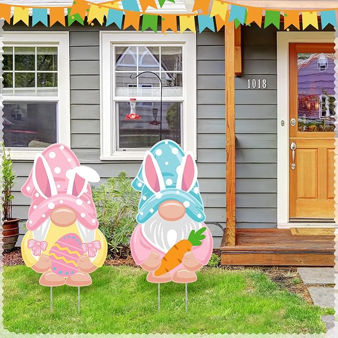 2 Pcs Easter/Spring Outdoor Decorations 16 Inch Easter Yard Signs Metal Pastel Gnome/Rustic Bunny/Lavender Garden Stakes for Home Outside Pathway Lawn Backyard Patio Farmhouse Party Decor(Gnome)