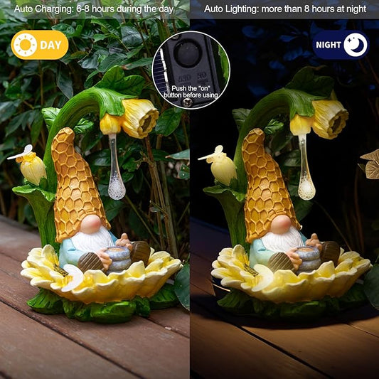 RM ROOMERS Gnome Fall Decor Garden Solar Gnomes Decoration for Yard Autumn Decor Resin Sunflower Gnome Statue with LED Lights for Patio Honey Drip Home Gifts for Women Housewarming