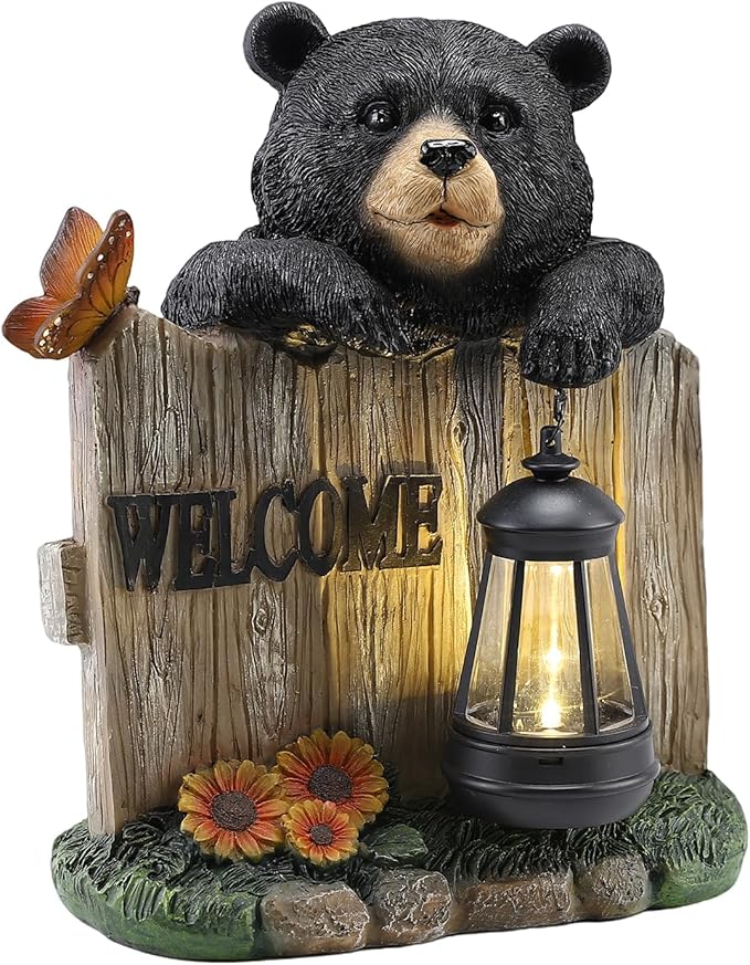 Solar Bear Garden Statue with Hanging Lantern Light, Resin Outdoor Welcome Sign Decor, Waterproof Solar Powered Garden Decoration for Yard, Lawn, Patio, 10.6"
